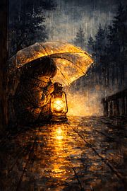 Kunstwerk: Kind mit Laterne im Regen von Faheem Beigh
