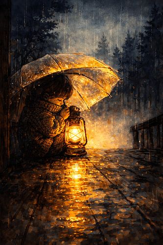 Kunstwerk: Kind met lantaarn in de regen