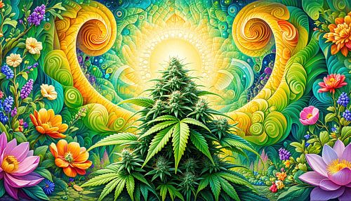 Cannabis in het licht van de groene koningin - Een eerbetoon aan de cannabisplant als symbool van vitaliteit, diversiteit en de ongetemde schoonheid van de natuur