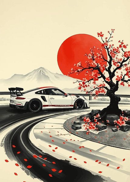 Porsche 911 GT3 RS Japanese Sumi-e Painting by MIROKKU
