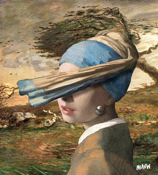 Vermeer Girl with a Pearl Earring in the Wind - humor by Miauw webshop
