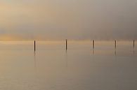 mistige zonsopkomst over het water met reflectecerende palen en pastel van Kim Willems thumbnail