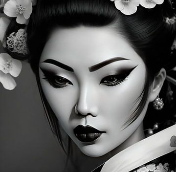 Portret van een Geisha in zwart wit.
