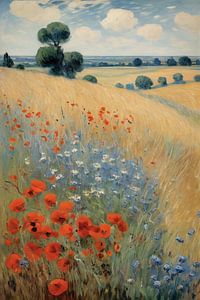 Prairie avec coquelicots et bleuets