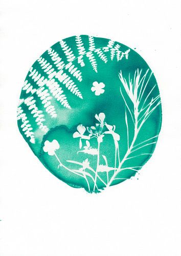 Appelblauwzeegroene cirkel met varens &amp; bloemen