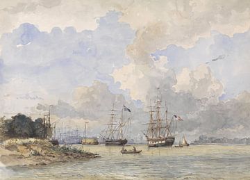 Maas vor Rotterdam mit einem amerikanischem und einem schwedischen Schiff, Willem Anthonie van Deven