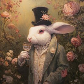 Elegant white hare with top hat and roses von But First Framing