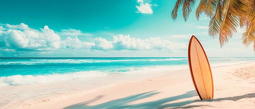 Strand met surfplank en palmbomen