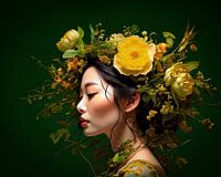 Japanische Frau mit gelben Blumen und grünem Hintergrund