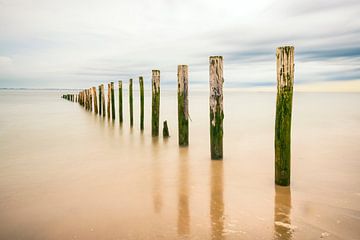 Poteaux de plage dans la mer à la plage de la mer du Nord sur Sjoerd van der Wal Photographie