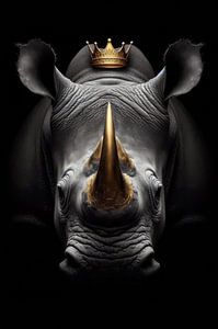 portrait en noir et blanc d'un rhinocéros avec une couronne et des cornes dorées