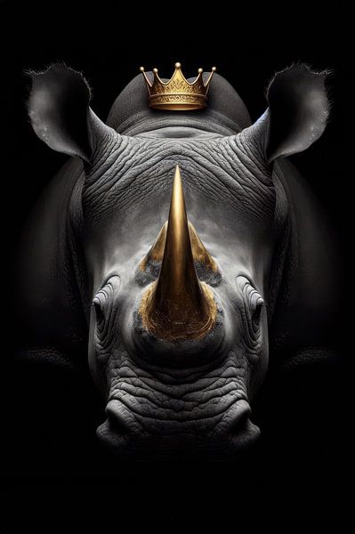 portrait en noir et blanc d'un rhinocéros avec une couronne et des cornes dorées par Dutch Art Works