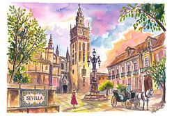 La lumière dorée de Séville sous les orangers, les citronniers et la Giralda historique