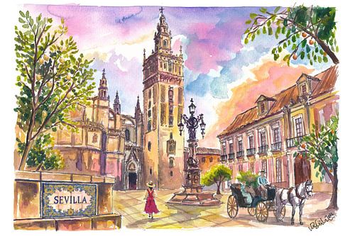 La lumière dorée de Séville sous les orangers, les citronniers et la Giralda historique sur Markus Bleichner