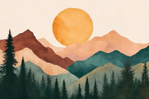 Berglandschap met zonsopgang - aquarel