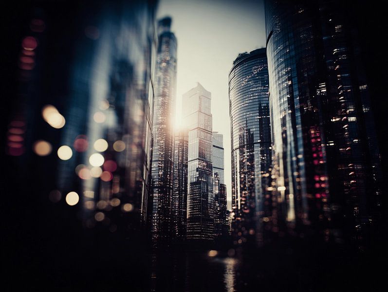 Eine futuristische Herbststadt mit Wolkenkratzern von Ariadna de Raadt-Goldberg