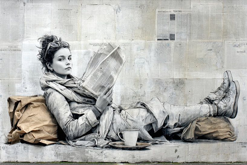 Graffiti Portrait Woman Reads - Monochrome Street Art by BowiScapes abstract and digital art