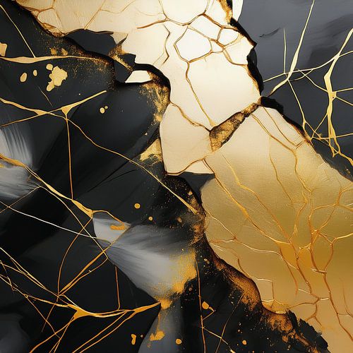 Abstrakte Arbeit im Kintsugi-Stil in Schwarz und Gold von Patricia Hofmeester