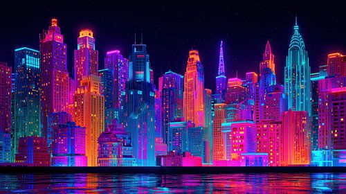 Neon city skyline panorama
