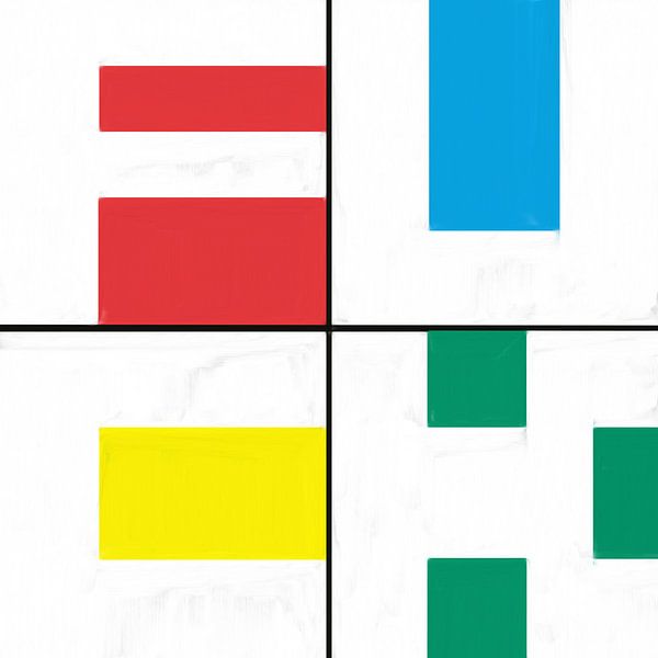 Geometrische vormen in rood blauw geel groen van Maurice Dawson