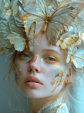 Vrouw met bleke huid en witte vlinders van haroulita