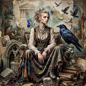 Nouveau romantisme, steampunk, mélancolie, ruines, corbeau, astronomie, nostalgie, riche en détails, caractère éphémère, mysticisme