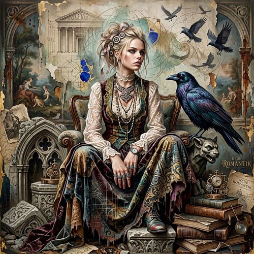 Nouveau romantisme, steampunk, mélancolie, ruines, corbeau, astronomie, nostalgie, riche en détails, caractère éphémère, mysticisme