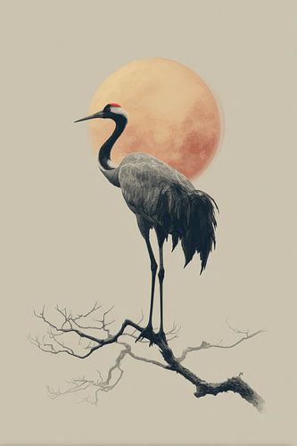 Minimalist Crane with Red Sun, Japanese Style