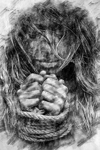 Captivating portrait of a chained woman (drawing)