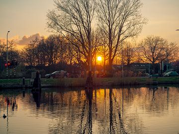 De gele gloed van de avondzon verwarmt de lucht en de spiegeling in het water van Jan Willem de Groot Photography