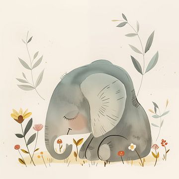 Illustration d'un éléphant assis dans des couleurs calmes sur TheXclusive Art