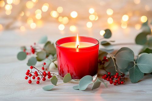 Red candle with eucalyptus and lights by Poster Art Shop