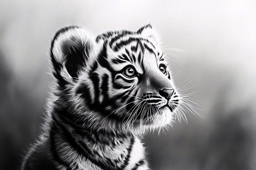 Schattige tijgerwelp in zwart-wit