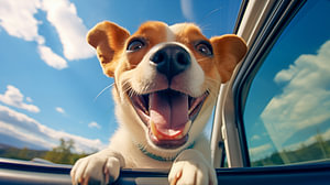 Kopf eines glücklichen Schoßhundes, der aus dem Autofenster schaut.