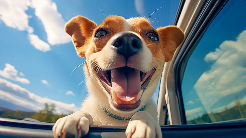 Kopf eines glücklichen Schoßhundes, der aus dem Autofenster schaut. von Animaflora PicsStock
