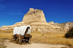 Wagon couvert dans la prairie
