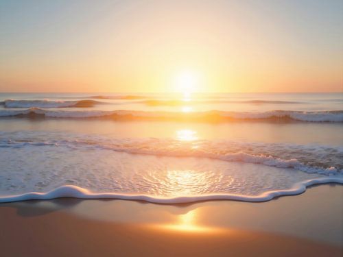 Gouden zonsopgang verlicht oceaangolven op zandstrand