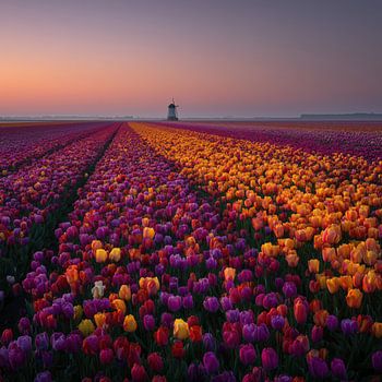 Colorful Dutch Tulip Fields at Sunset