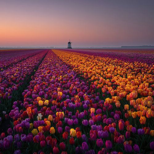 Kleurrijk Nederlands tulpenlandschap bij zonsondergang