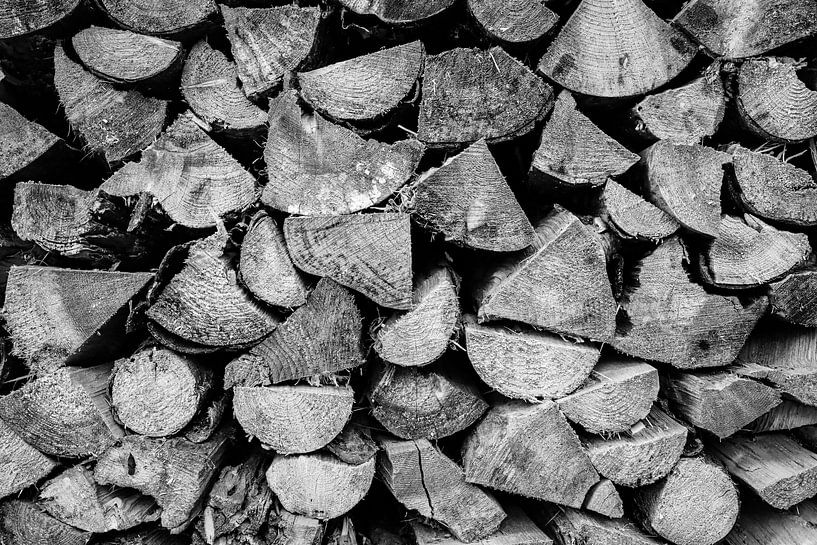 Perfekt gestapeltes Brennholz aus dem Blansker Wald schwarz/weiß von Nicolette Suijkerbuijk