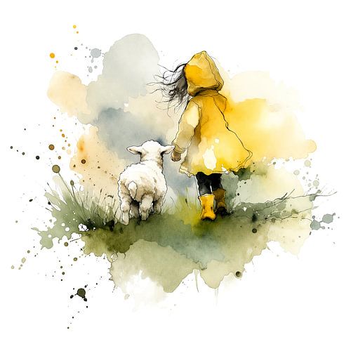 Kind in gele regenjas met lammetje (AI) (vrolijk, kinderkunst, slaapkamer, peuter, kleuter, lente, weiland, lief, schattig, vriendschap, spelen)