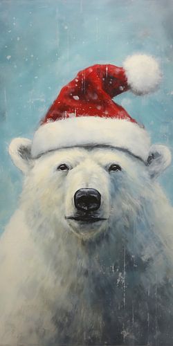 Polar bear wearing a Santa hat