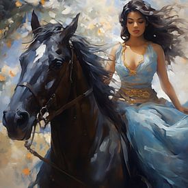 Oil painting of a beautiful girl in a blue dress riding a horse by Animaflora PicsStock