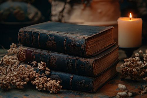 Oude boeken en kaarslicht
