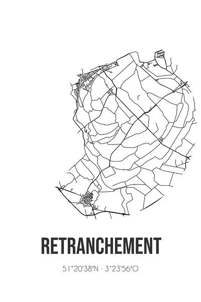 Retranchement (Zeeland) | Karte | Schwarz-Weiß von Ortsdrucke