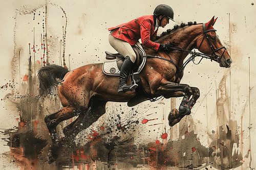Show jumper in action on a bay horse