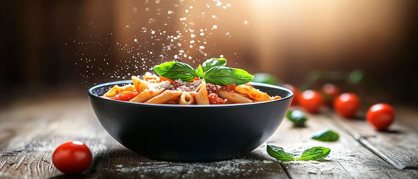 Pasta enjoyment with fresh basil by Poster Art Shop