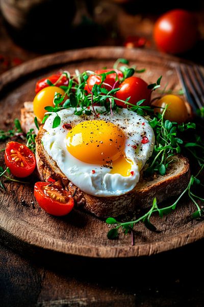 Frühstück auf Holzbrett: Ei und Tomaten von Poster Art Shop