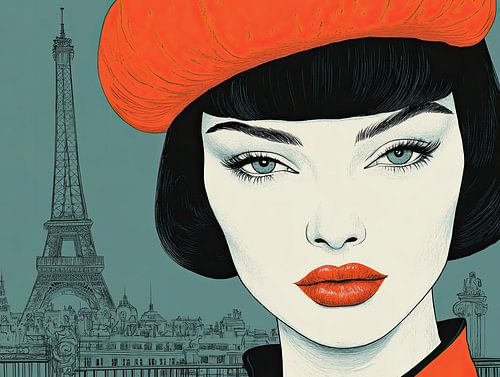 Parisian lady with red beret and eiffel tower