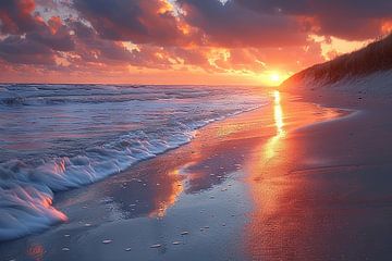 Lever de soleil sur la mer du Nord avec un ciel lumineux et des vagues sur Felix Brönnimann